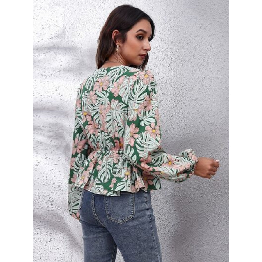 Floral V-Neck Balloon Sleeve Peplum Blouse Clothing