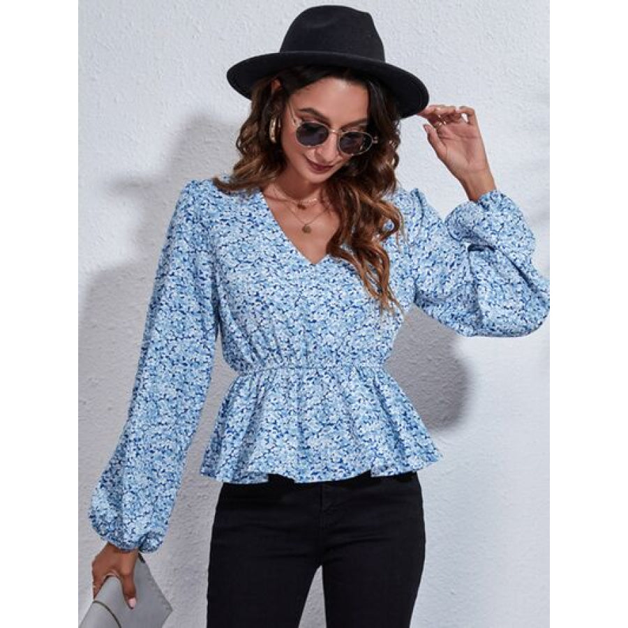 Floral V - Neck Balloon Sleeve Peplum Blouse Clothing