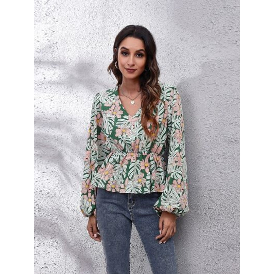 Floral V-Neck Balloon Sleeve Peplum Blouse Green / S Clothing