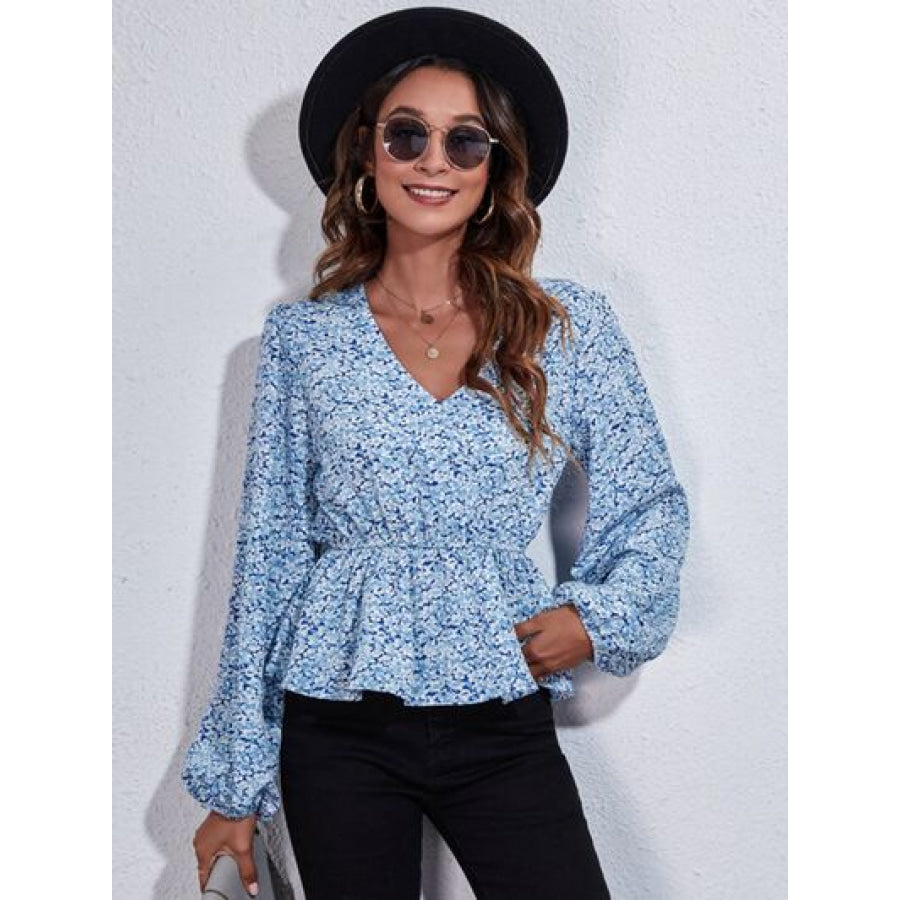 Floral V - Neck Balloon Sleeve Peplum Blouse Misty Blue / S Clothing