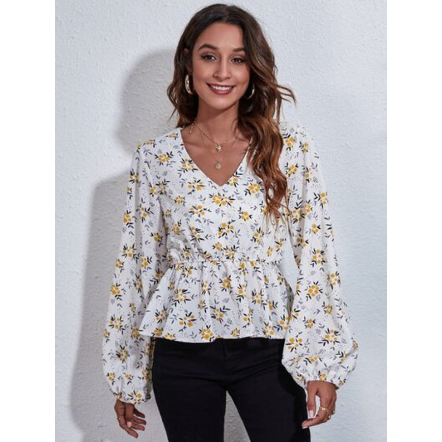 Floral V-Neck Balloon Sleeve Peplum Blouse White / S Clothing