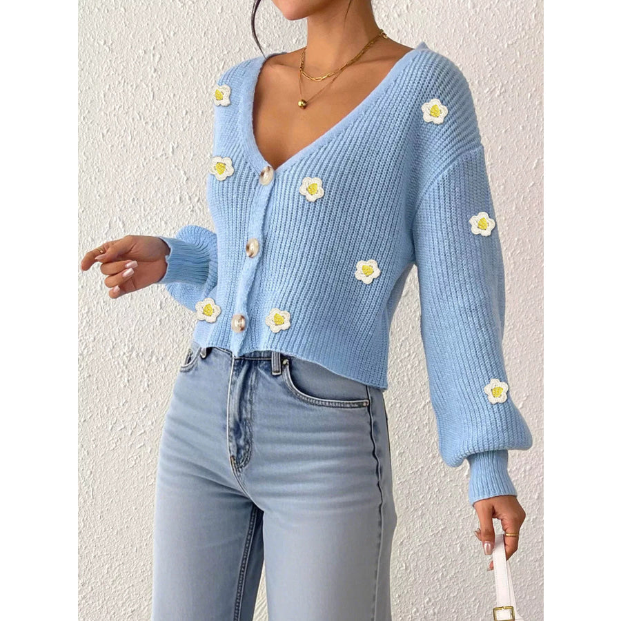 Floral V-Neck Button-Down Cropped Cardigan Apparel and Accessories