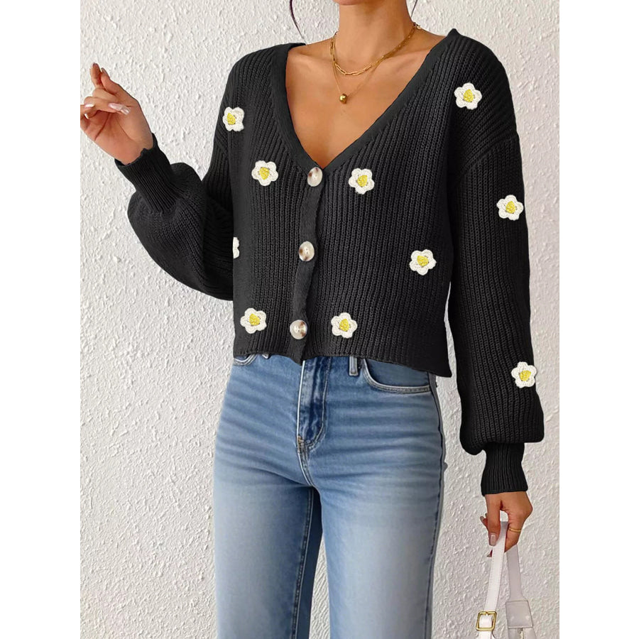 Floral V-Neck Button-Down Cropped Cardigan Apparel and Accessories