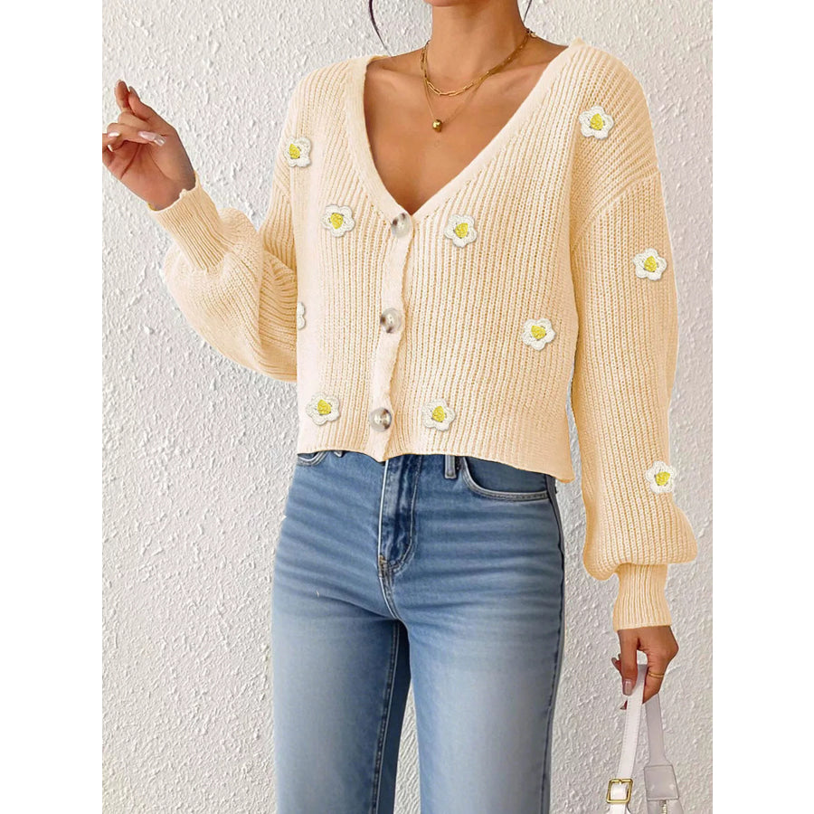 Floral V-Neck Button-Down Cropped Cardigan Apparel and Accessories