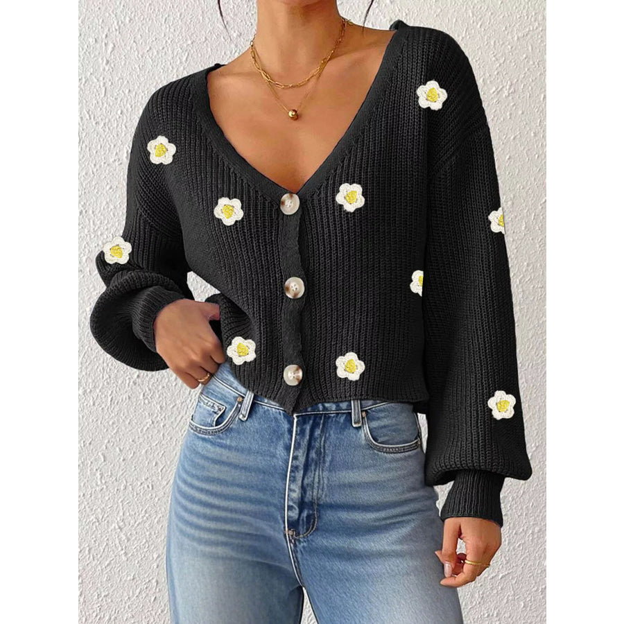 Floral V-Neck Button-Down Cropped Cardigan Apparel and Accessories