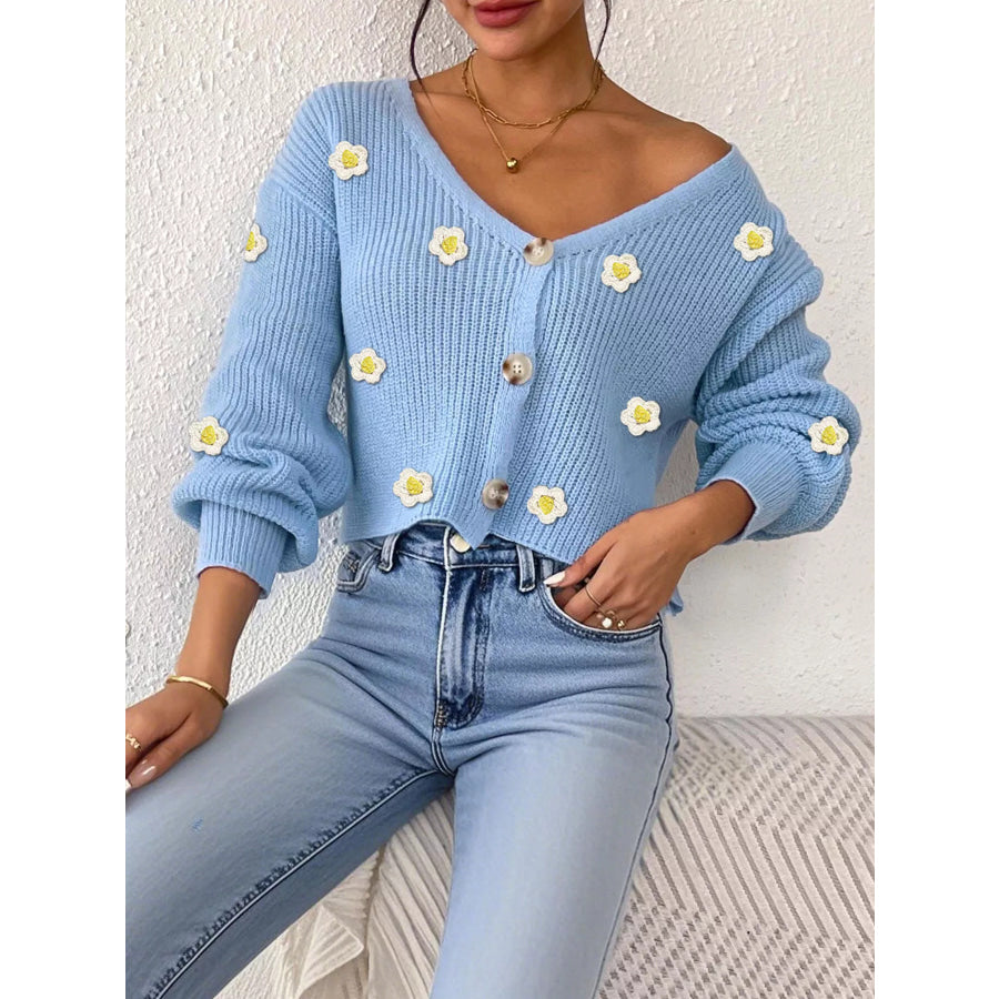 Floral V-Neck Button-Down Cropped Cardigan Apparel and Accessories