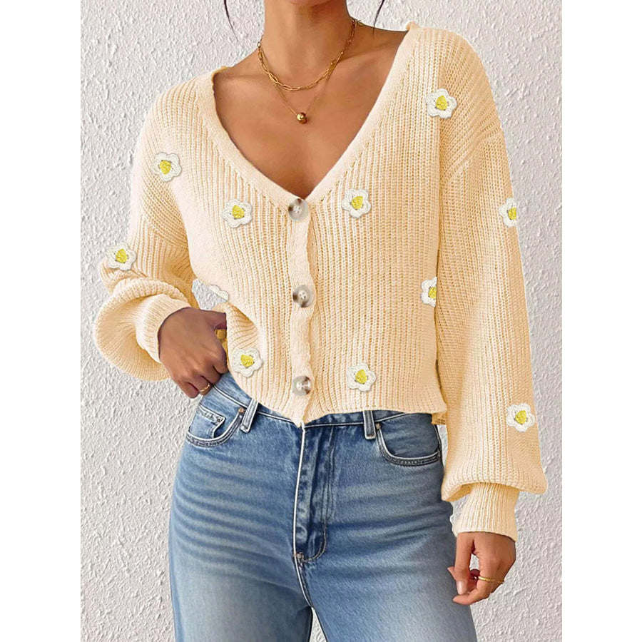 Floral V-Neck Button-Down Cropped Cardigan Apparel and Accessories