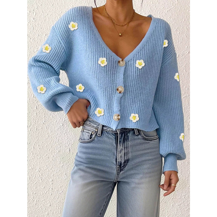Floral V-Neck Button-Down Cropped Cardigan Apparel and Accessories