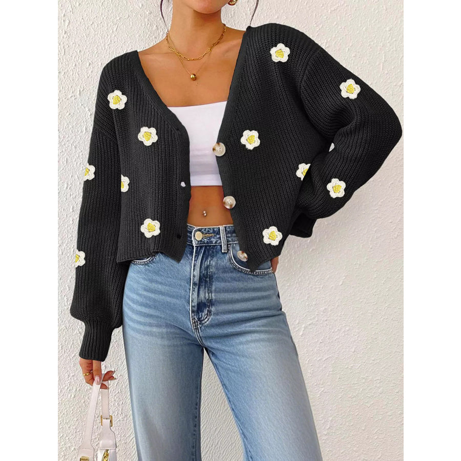Floral V-Neck Button-Down Cropped Cardigan Black / S Apparel and Accessories