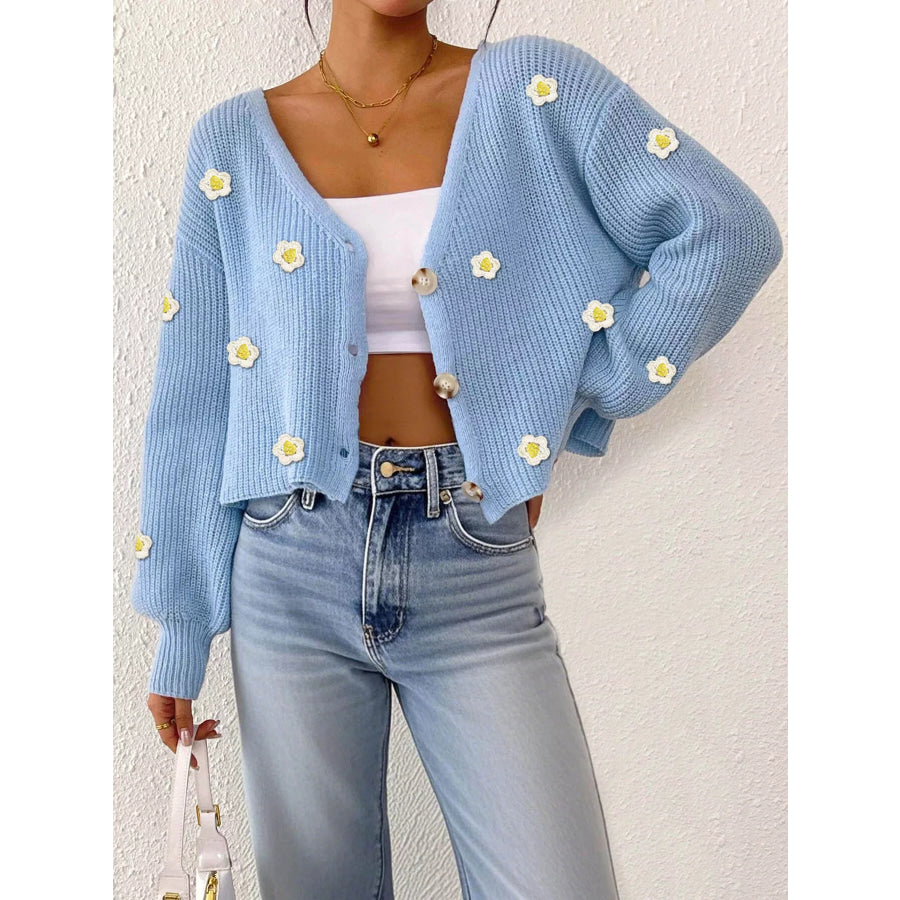 Floral V-Neck Button-Down Cropped Cardigan Blue / S Apparel and Accessories