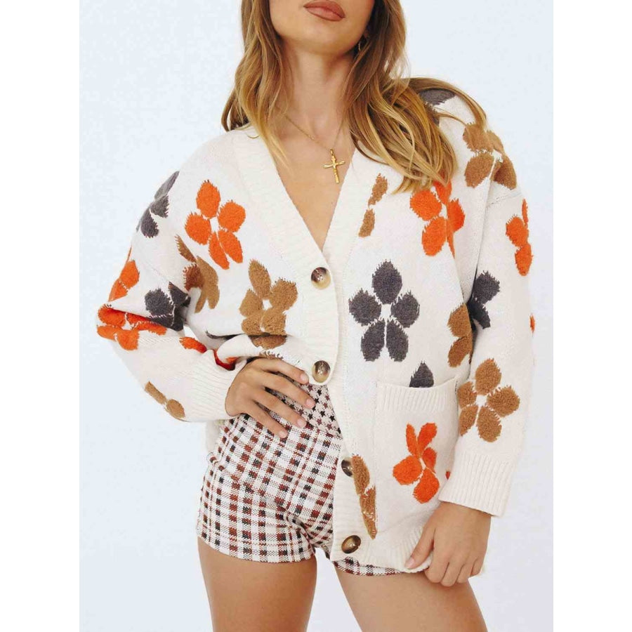 Floral V-Neck Button Up Long Sleeve Cardigan White / S