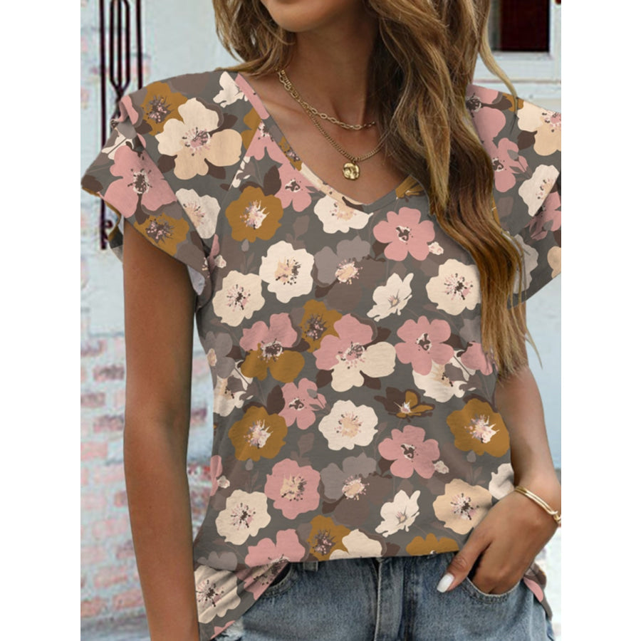 Floral V - Neck Cap Sleeve T - Shirt Apparel and Accessories