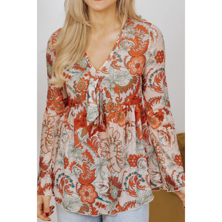 Floral V-Neck Flare Sleeve Blouse Apparel and Accessories