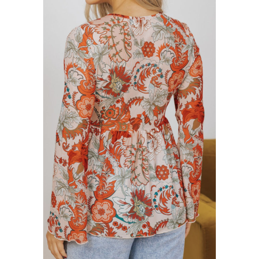 Floral V-Neck Flare Sleeve Blouse Apparel and Accessories