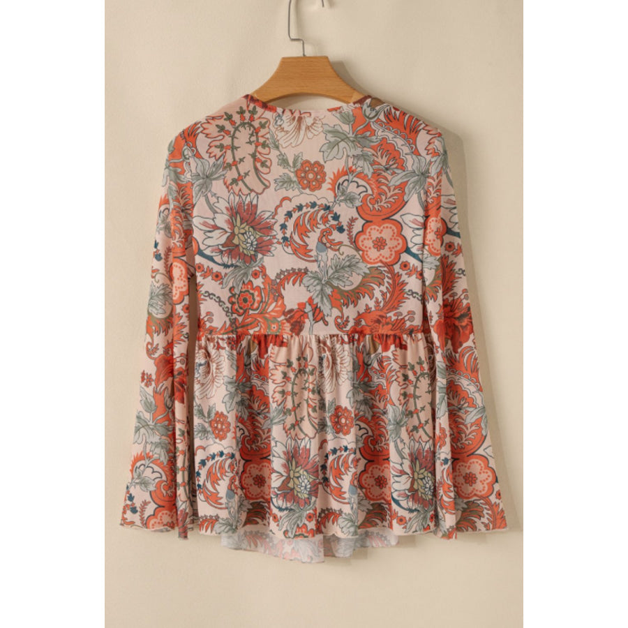 Floral V-Neck Flare Sleeve Blouse Apparel and Accessories