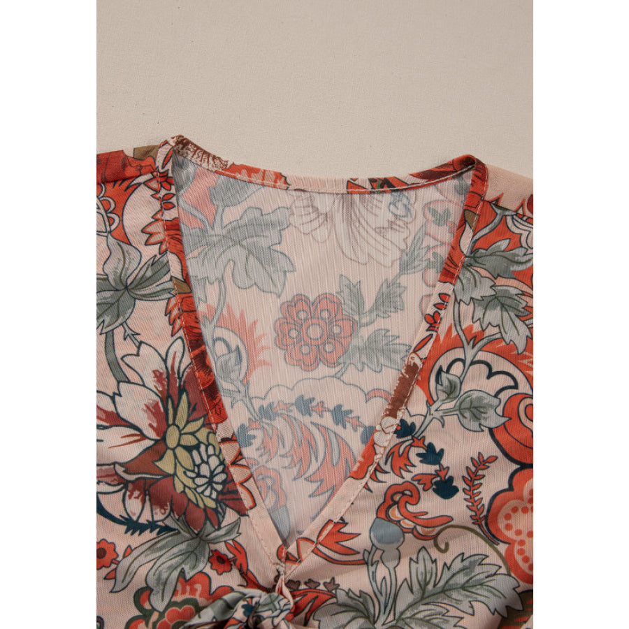 Floral V-Neck Flare Sleeve Blouse Apparel and Accessories