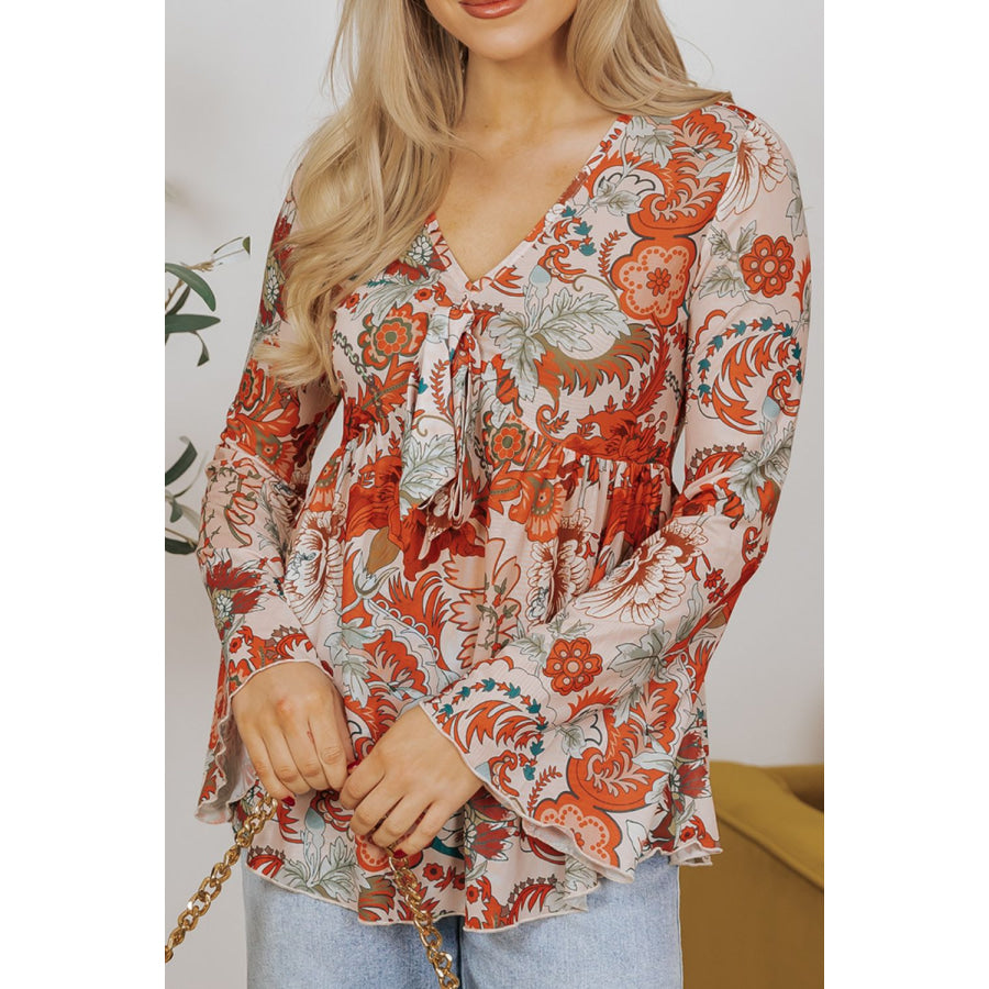 Floral V-Neck Flare Sleeve Blouse Apparel and Accessories