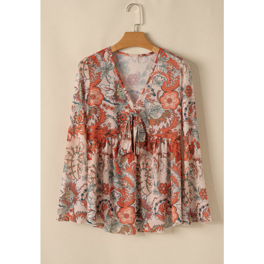 Floral V-Neck Flare Sleeve Blouse Apparel and Accessories