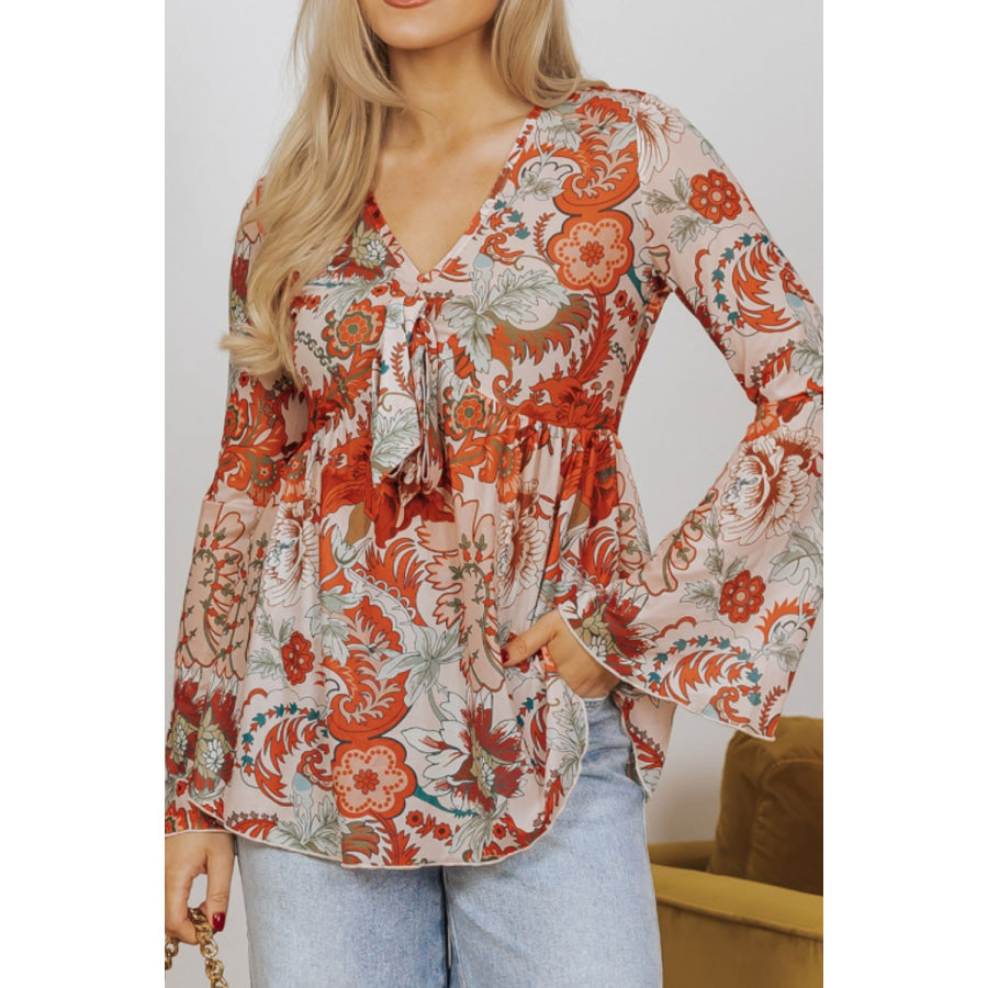 Floral V-Neck Flare Sleeve Blouse Floral / S Apparel and Accessories