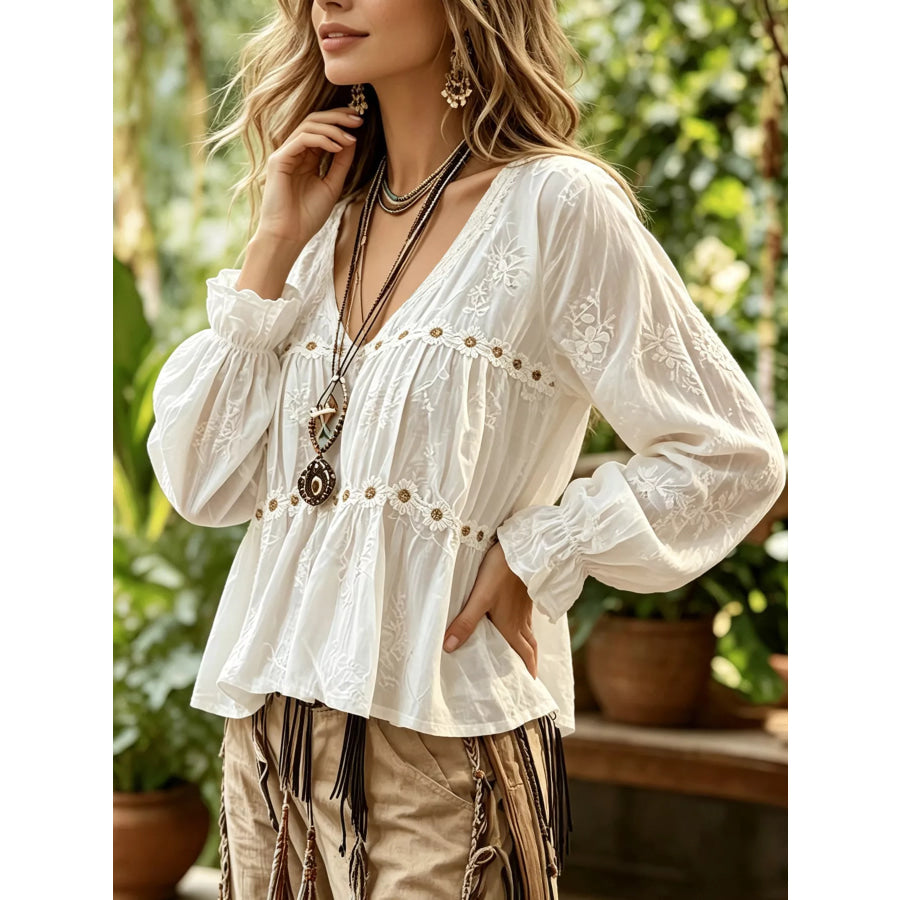 Floral V-Neck Flounce Sleeve Peplum Blouse Apparel and Accessories