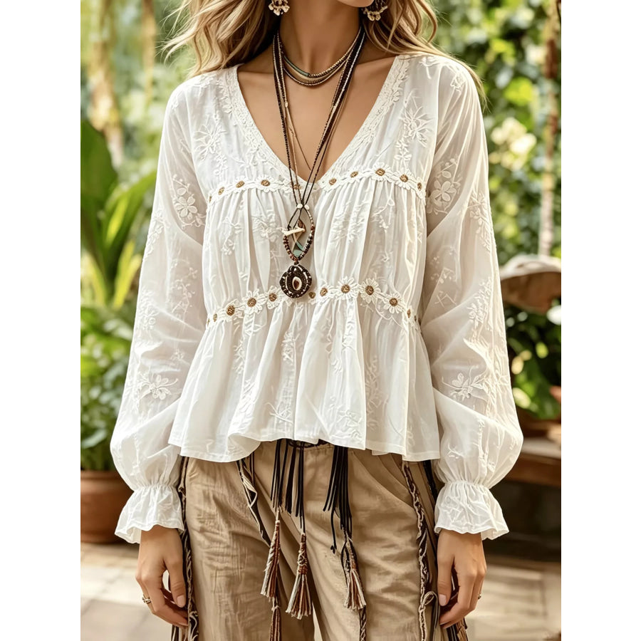 Floral V-Neck Flounce Sleeve Peplum Blouse Apparel and Accessories