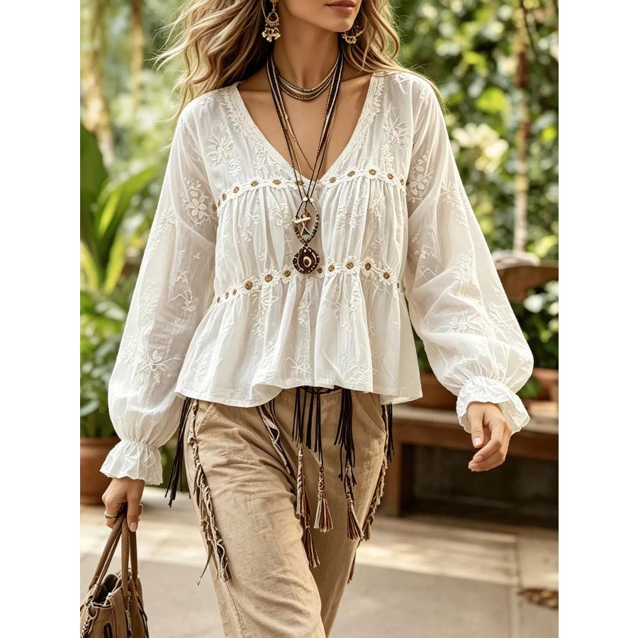 Floral V-Neck Flounce Sleeve Peplum Blouse White / S Apparel and Accessories