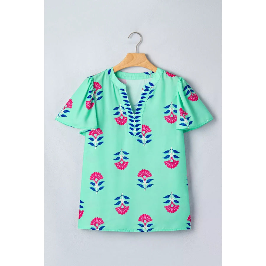 Floral V Neck Flutter Sleeve Blouse Apparel and Accessories