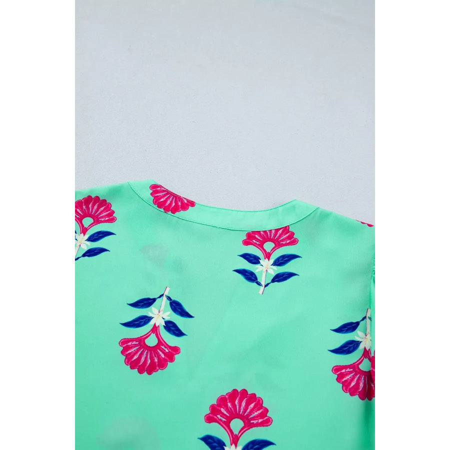 Floral V Neck Flutter Sleeve Blouse Apparel and Accessories