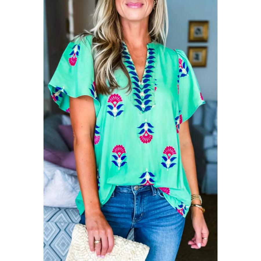 Floral V Neck Flutter Sleeve Blouse Apparel and Accessories