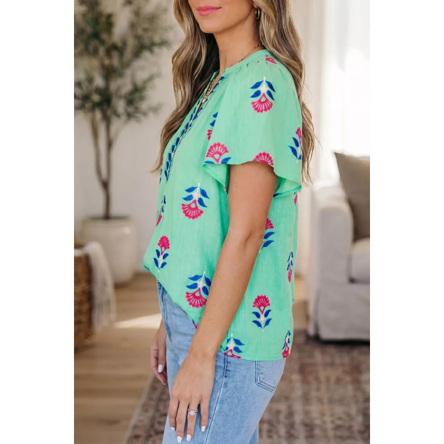 Floral V Neck Flutter Sleeve Blouse Apparel and Accessories