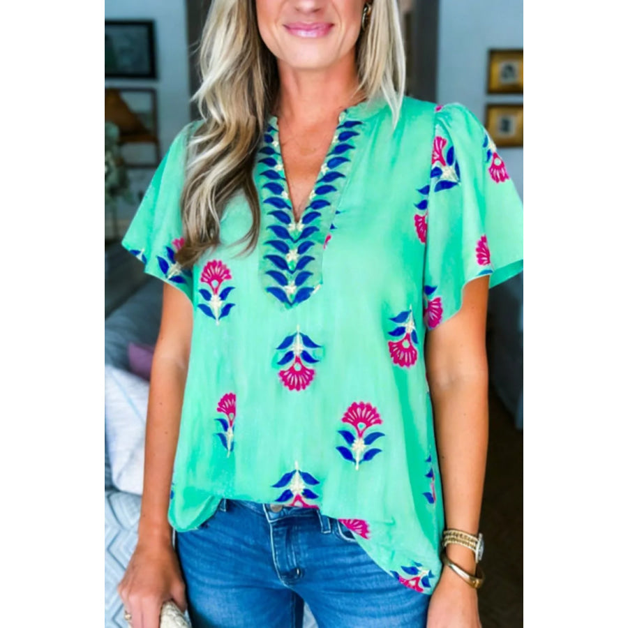 Floral V Neck Flutter Sleeve Blouse Apparel and Accessories