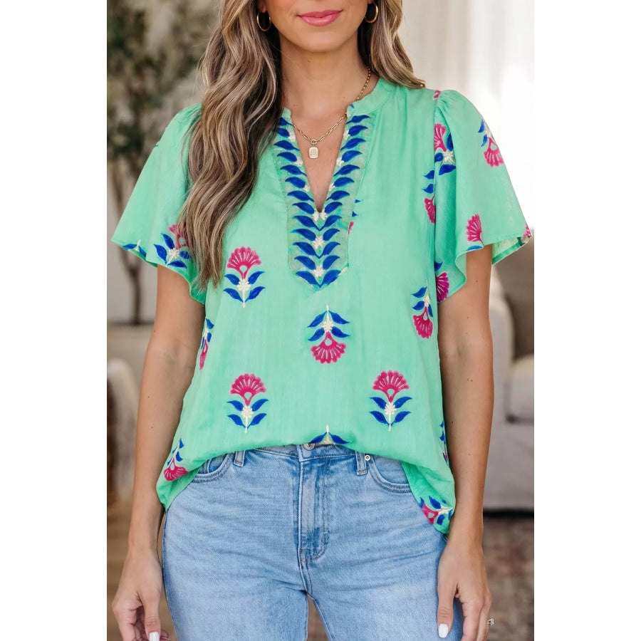 Floral V Neck Flutter Sleeve Blouse Turquoise / S Apparel and Accessories