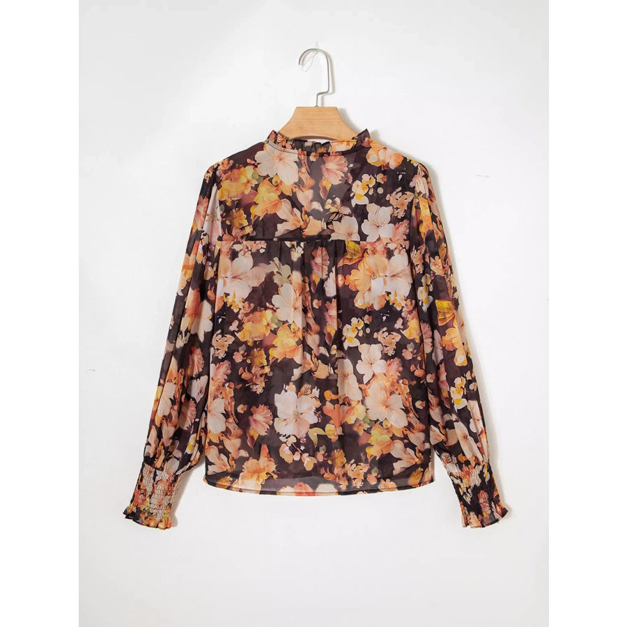Floral V Neck Long Puff Sleeve Breezy Blouse Apparel and Accessories