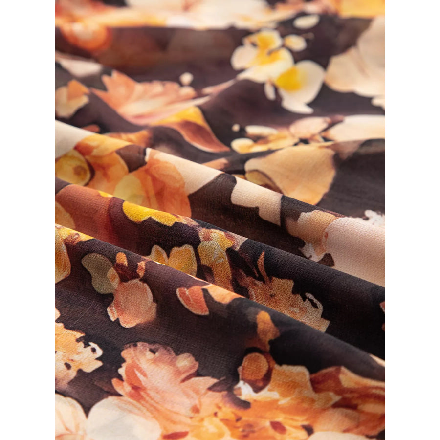 Floral V Neck Long Puff Sleeve Breezy Blouse Apparel and Accessories