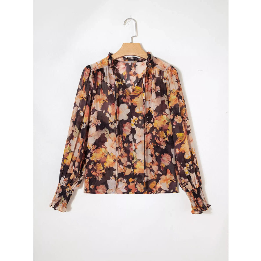 Floral V Neck Long Puff Sleeve Breezy Blouse Apparel and Accessories