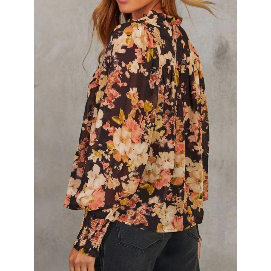 Floral V Neck Long Puff Sleeve Breezy Blouse Apparel and Accessories