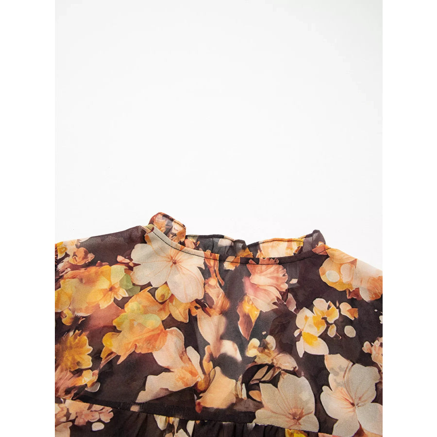 Floral V Neck Long Puff Sleeve Breezy Blouse Apparel and Accessories