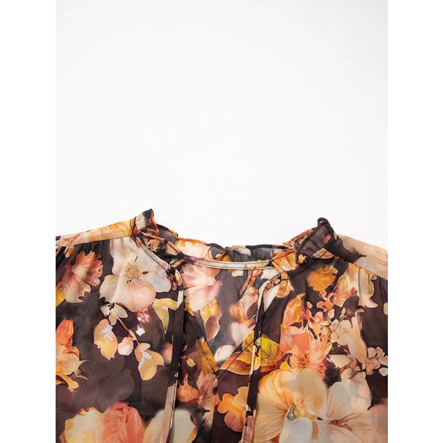 Floral V Neck Long Puff Sleeve Breezy Blouse Apparel and Accessories