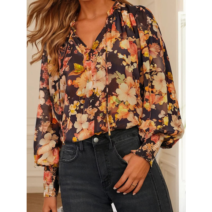 Floral V Neck Long Puff Sleeve Breezy Blouse Floral / S Apparel and Accessories