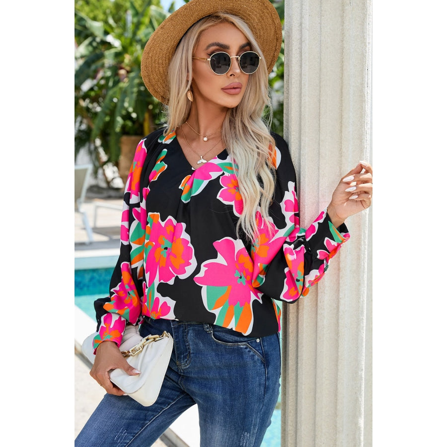 Floral V-Neck Long Sleeve Blouse Black / S