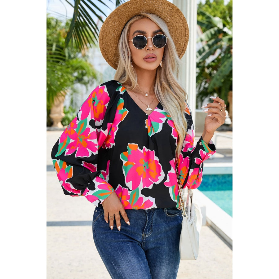 Floral V-Neck Long Sleeve Blouse