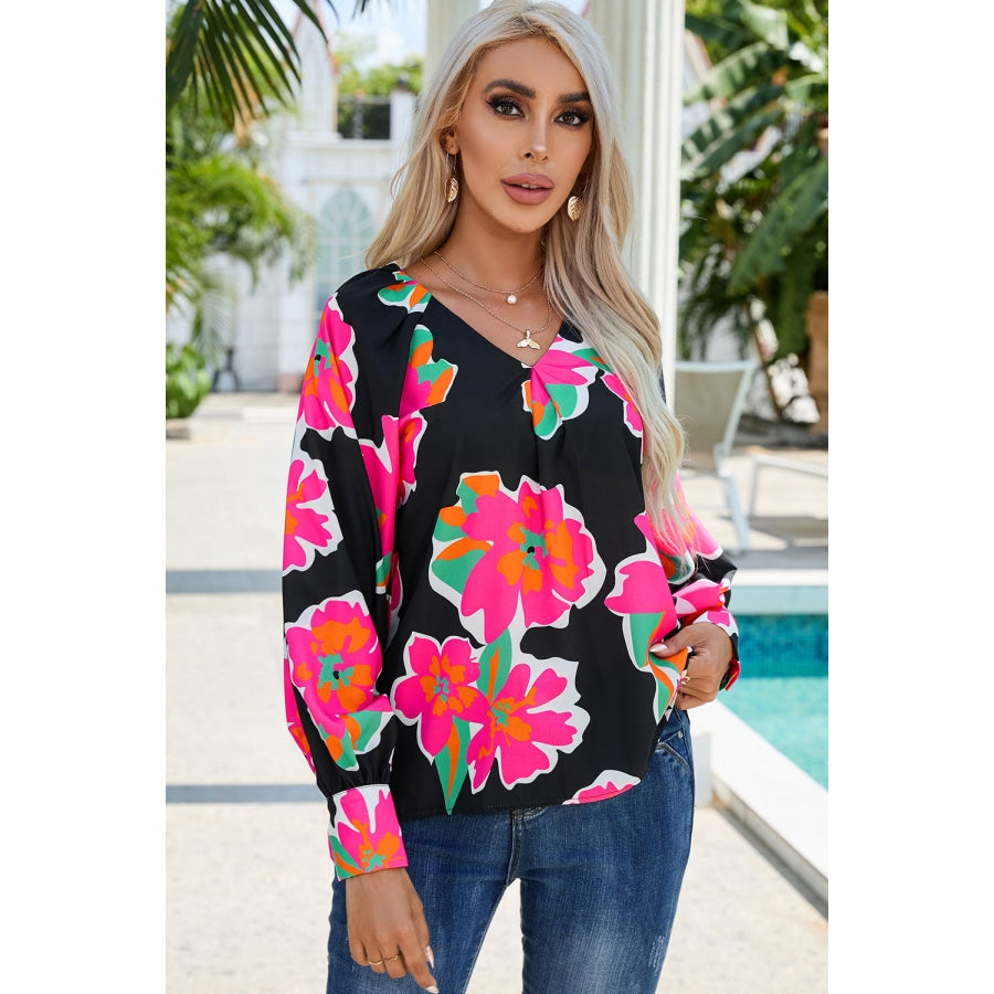 Floral V-Neck Long Sleeve Blouse