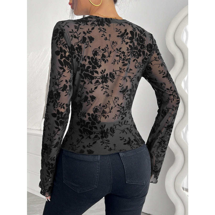 Floral V-Neck Long Sleeve Lace Top Apparel and Accessories