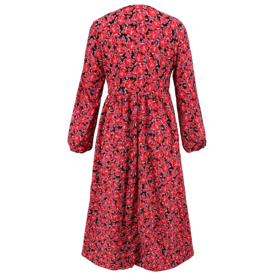 Floral V-Neck Long Sleeve Midi Dress Apparel and Accessories