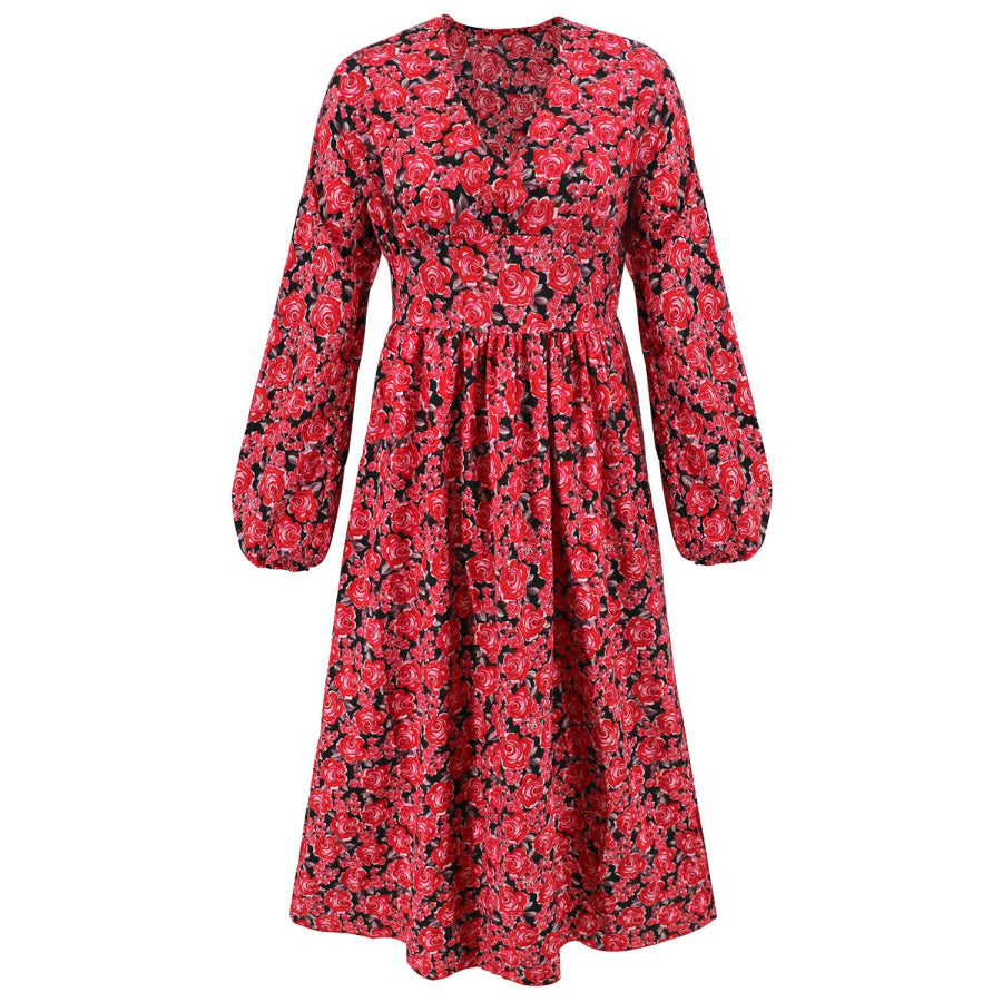 Floral V-Neck Long Sleeve Midi Dress Apparel and Accessories