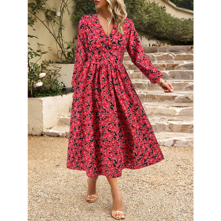 Floral V-Neck Long Sleeve Midi Dress Apparel and Accessories