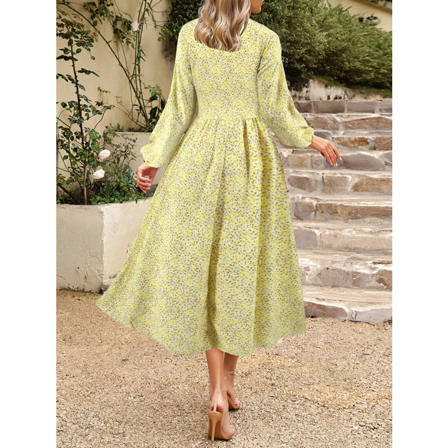 Floral V-Neck Long Sleeve Midi Dress Apparel and Accessories