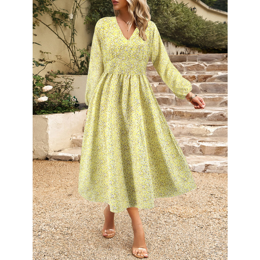 Floral V-Neck Long Sleeve Midi Dress Apparel and Accessories