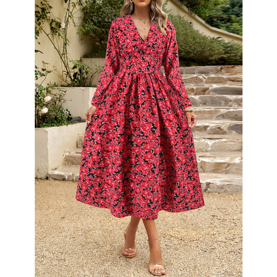 Floral V-Neck Long Sleeve Midi Dress Apparel and Accessories