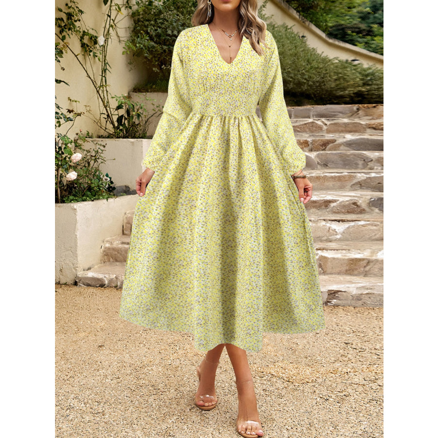 Floral V-Neck Long Sleeve Midi Dress Apparel and Accessories